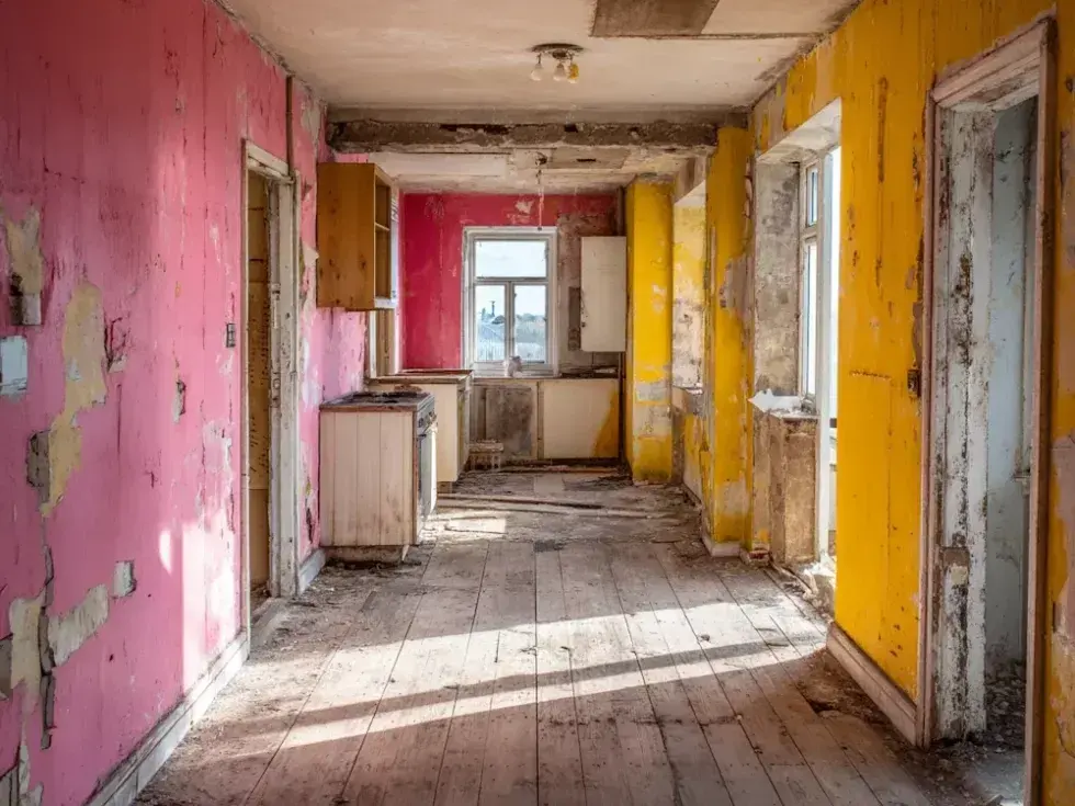 Room in a derelict flat with peeling paint on walls and bare floorboards